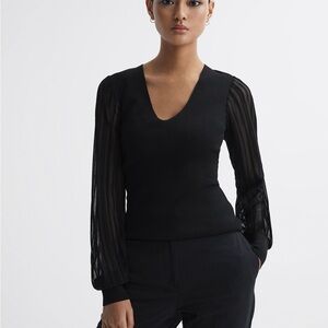 Reiss NWT Black V-Neck Top with Sheer Sleeves